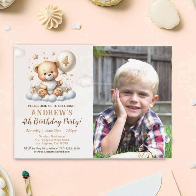 Convite Teddy Bear 4th Birthday Photo Invitation for Boys (Criador carregado)