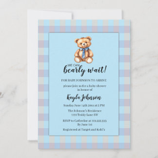 Convite Teddy Bear and Blue Gingham Plaid Baby Shower