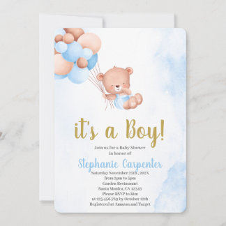 Convite Teddy bear baby Shower Boy