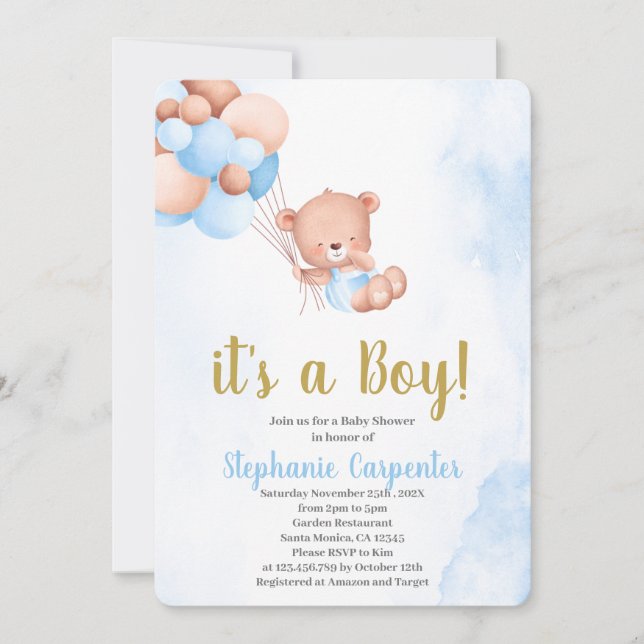 Convite Teddy bear baby Shower Boy (Frente)
