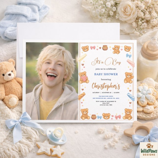 Convite Teddy Bear Baby Shower Boy | Cute Blue Bear  (Teddy Bear Baby Shower Boy | Cute Blue Bear Invitation
)
