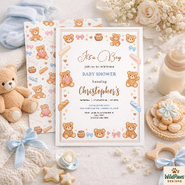 Convite Teddy Bear Baby Shower Boy | Cute Blue Bear 