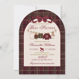 Convite Teddy Bear Baby Shower Girl Plaid Burgundy Bow