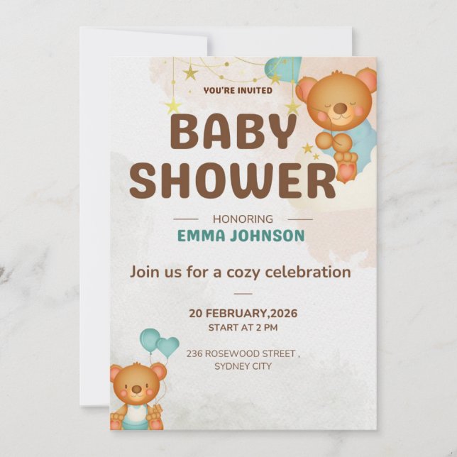 Convite Teddy Bear Baby Shower Invitation (Frente)