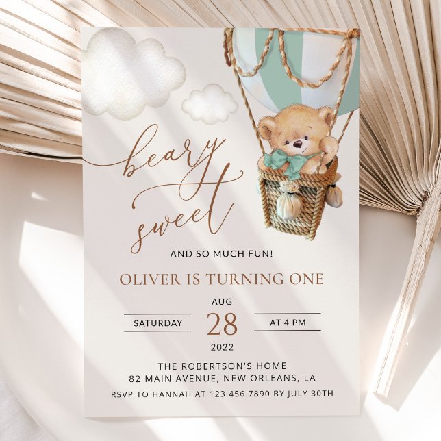 Convite Teddy Bear, Balão de Ar Quente Verde, Primeiro Ani (Criador carregado)