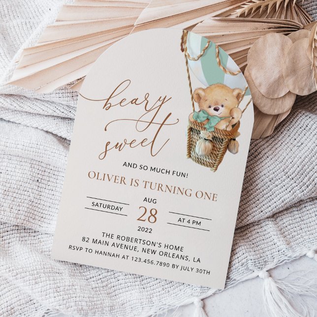 Convite Teddy Bear, Balão de Ar Quente Verde, Primeiro Ani (Criador carregado)