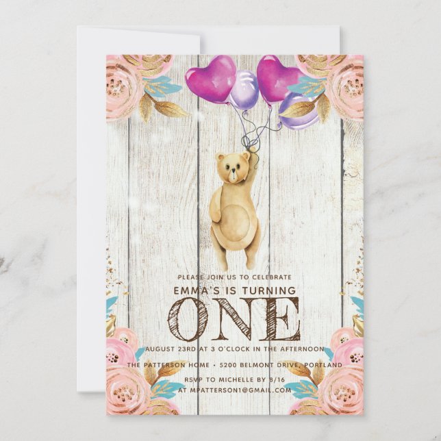 Convite Teddy Bear Balão Primeiro Aniversário Russo (Frente)