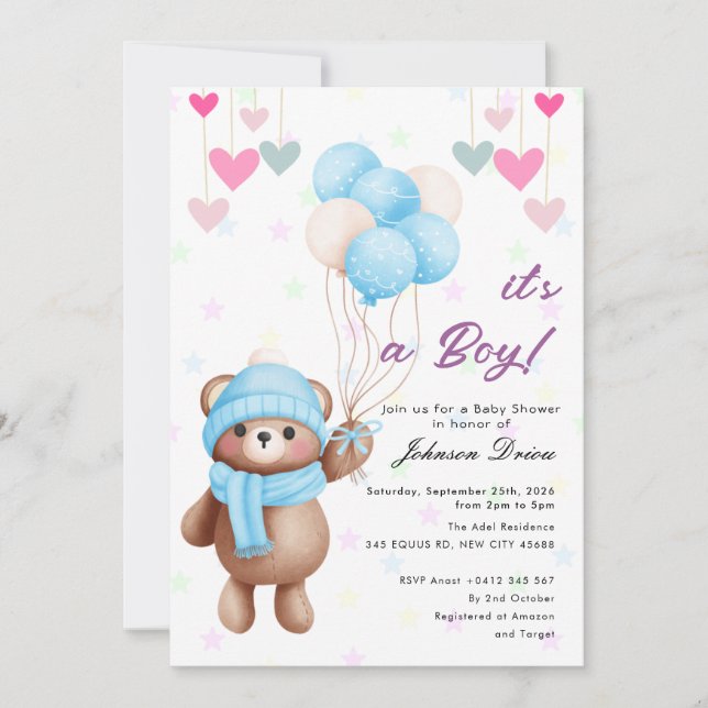 Convite teddy bear balloon baby shower invitation (Frente)