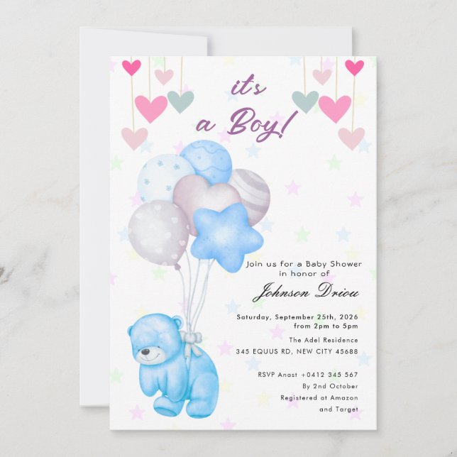 Convite teddy bear balloon baby shower invitation (Frente)