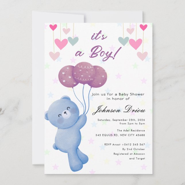 Convite teddy bear balloon baby shower invitation (Frente)