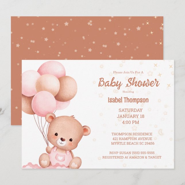 Convite   Teddy Bear Balloon Girls  Baby Shower (Frente/Verso)