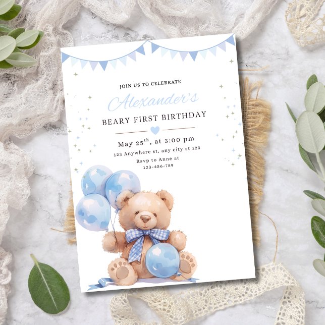 Convite Teddy Bear Balloons Birthday Invite, Beary First (Criador carregado)