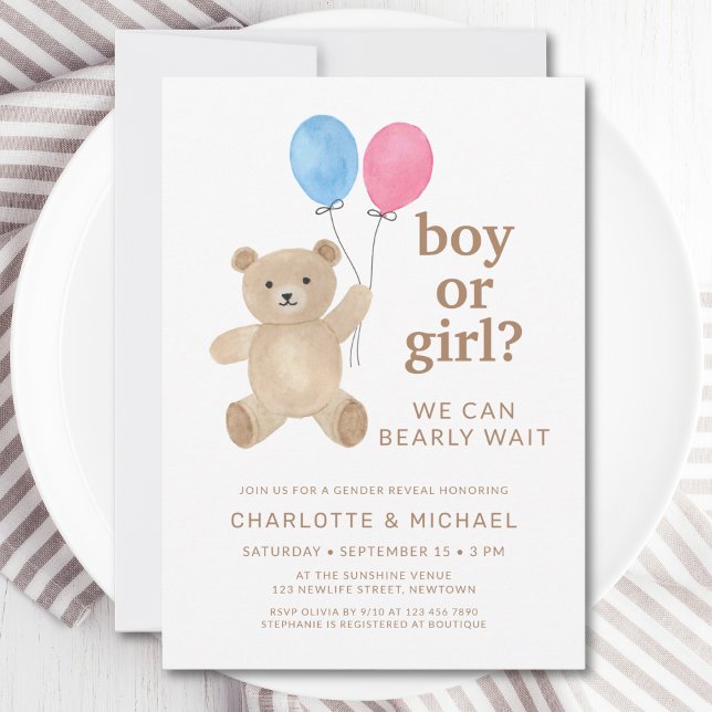Convite Teddy Bear Balloons Gender Reveal (Criador carregado)