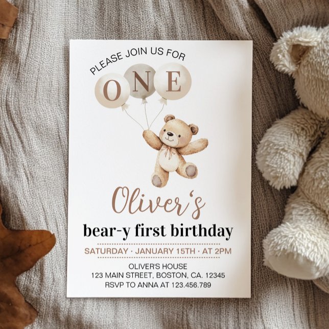 Convite Teddy Bear Balões Beary Primeiro Aniversário (Criador carregado)