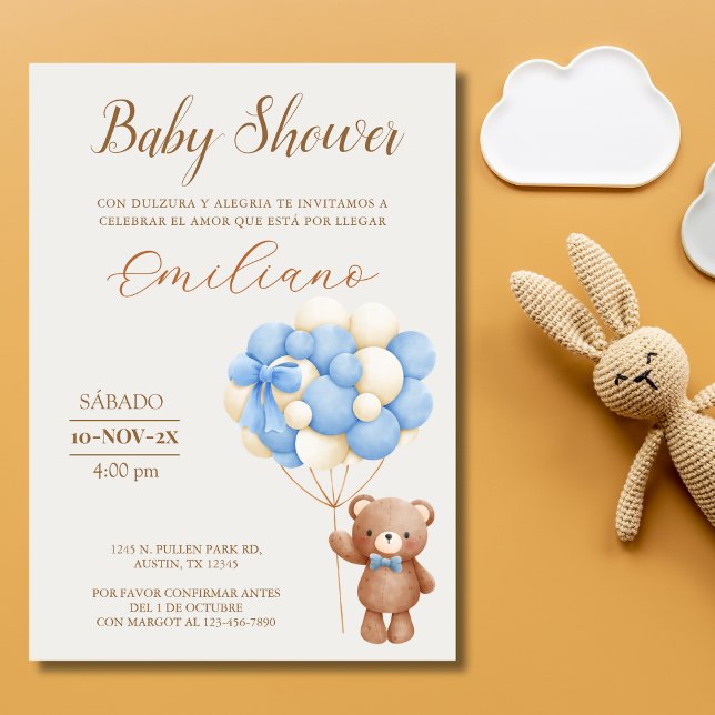 Convite Teddy Bear Balões de Chá de fraldas Espanhóis (Teddy Bear Spanish Baby Shower Balloons Invitation)