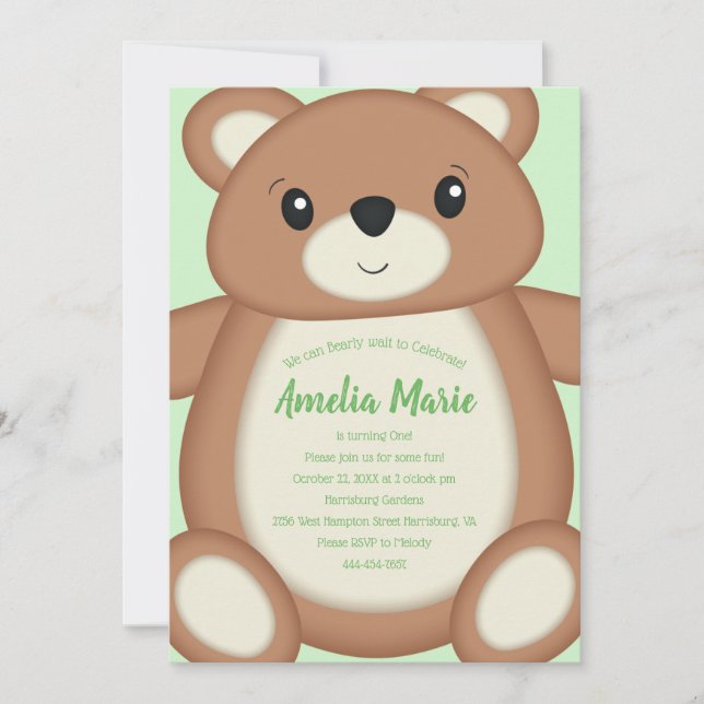 Convite Teddy Bear Birthday Party Green (Frente)