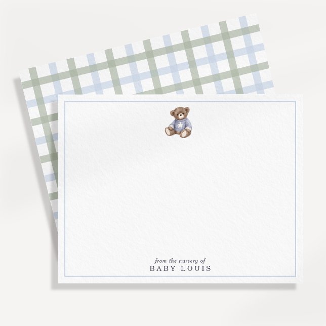 Convite Teddy Bear Blue and Green Plaid Preppy Note card (Criador carregado)
