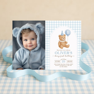 Convite Teddy Bear Blue Balloon Beary Foto de Primeiro Ani