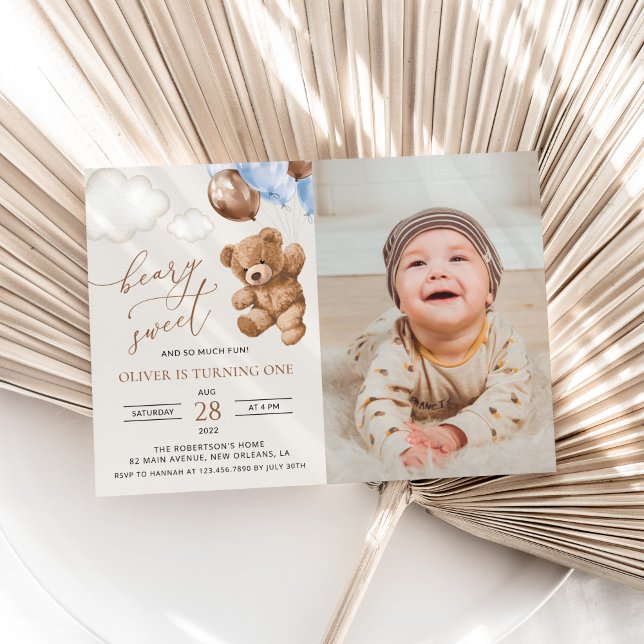Convite Teddy Bear, Blue Balloons, First Birthday (Criador carregado)