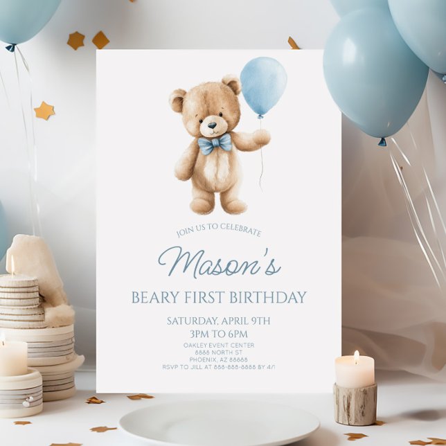 Convite Teddy Bear Blue Beary First 1st Birthday Party (Criador carregado)