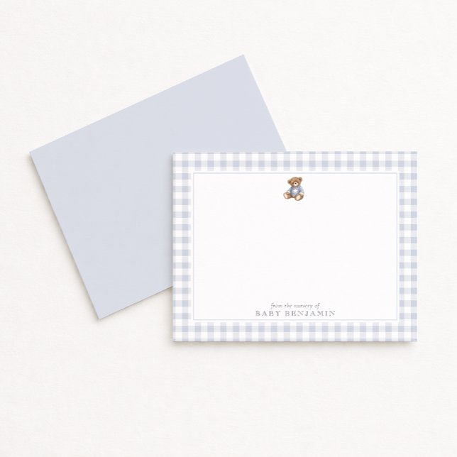 Convite Teddy Bear Blue Gingham Preppy Nursery Note Card (Criador carregado)