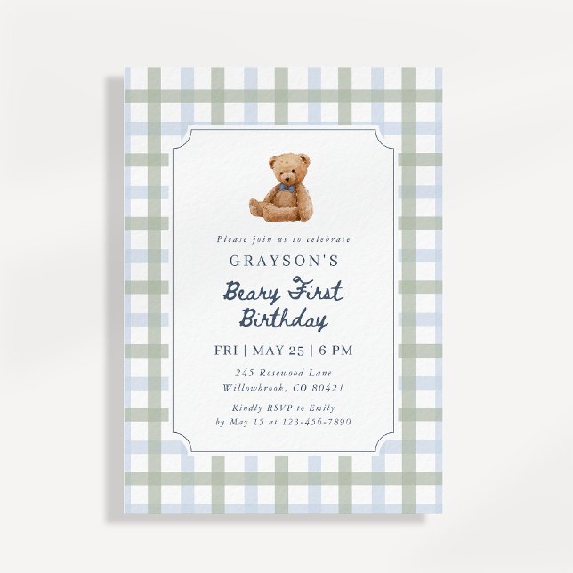 Convite Teddy Bear Blue Sage Green First Birthday  (Criador carregado)