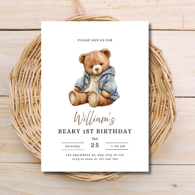 Convite Teddy Bear Boy Birthday Party Beary 1st Birthday (Criador carregado)