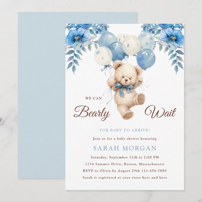 Convite Teddy Bear Boy Blue | Boho Bearly Wait Baby Shower (Frente/Verso)