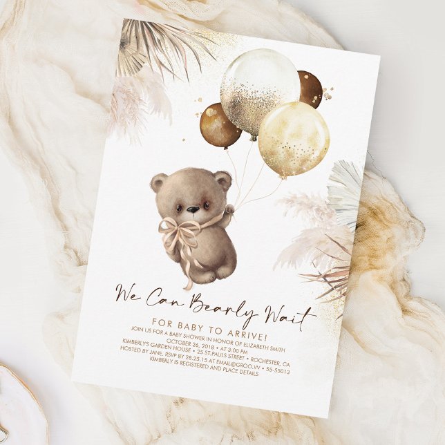 Convite Teddy Bear Brown e Dourado Chá de fraldas de Balõe (Teddy Bear Baby Shower Invitations)