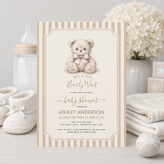 Convite Teddy Bear & Brown Stripes Baby Shower Bearly Wait