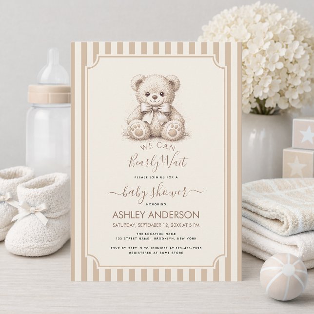 Convite Teddy Bear & Brown Stripes Baby Shower Bearly Wait (Criador carregado)