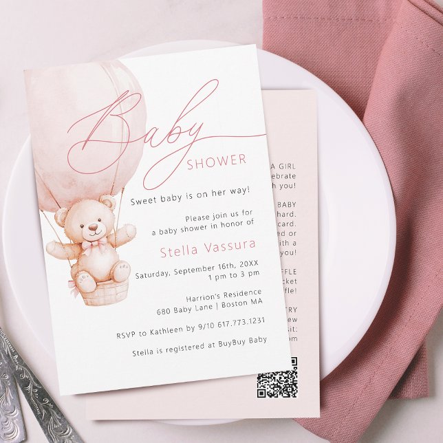 Convite Teddy Bear Details QR Code Girl Chá de fraldas (Teddy Bear Details QR Code Girl Baby Shower Invitation)