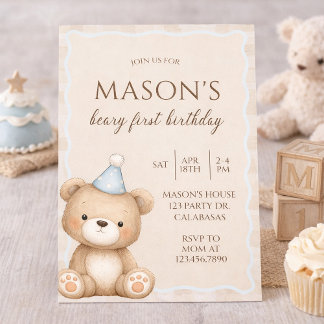 Convite Teddy Bear First Birthday Invitation, Beary First 
