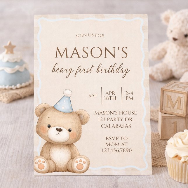Convite Teddy Bear First Birthday Invitation, Beary First  (Criador carregado)