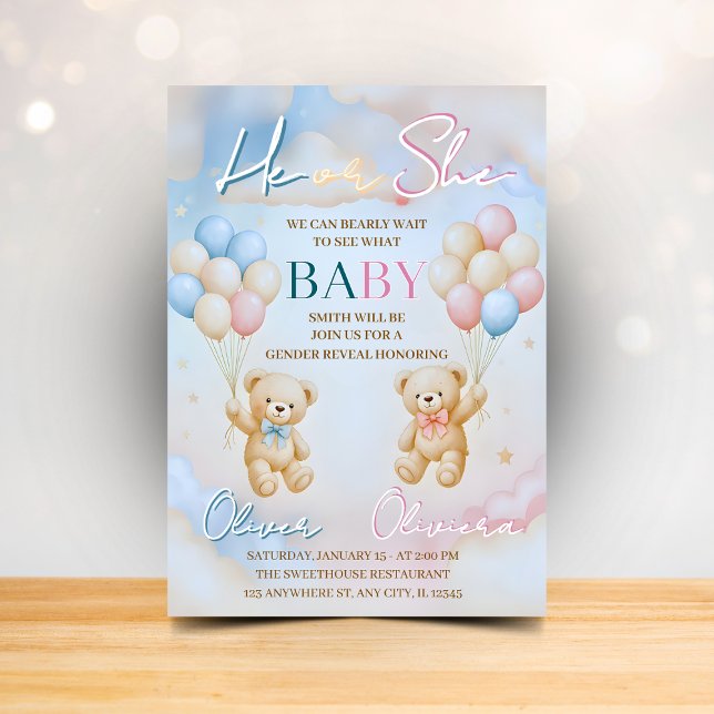 Convite Teddy Bear Gender Reveal Invitation He or She (Criador carregado)