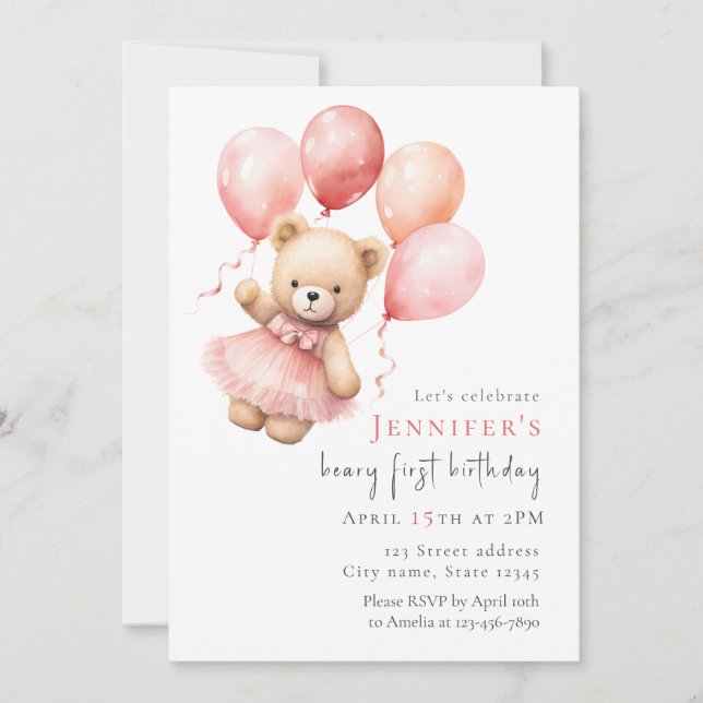 Convite Teddy Bear Girl 1st Birthday Invitation (Frente)