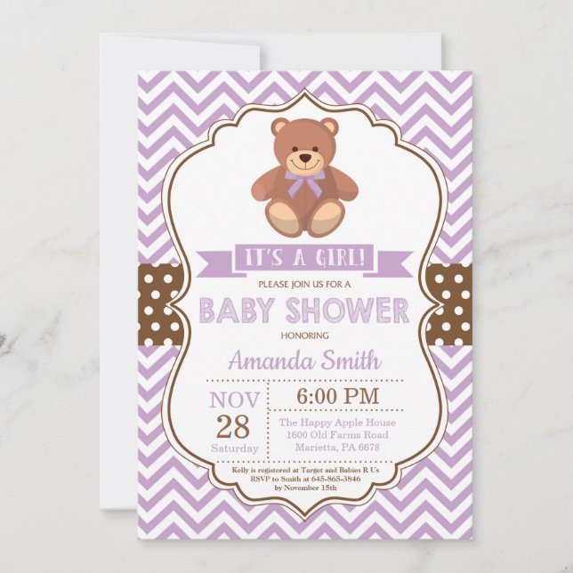 Convite Teddy Bear Girl Chá de fraldas Purple Chevron (Frente)
