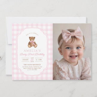 Convite Teddy Bear Girl First Birthday Party Photo