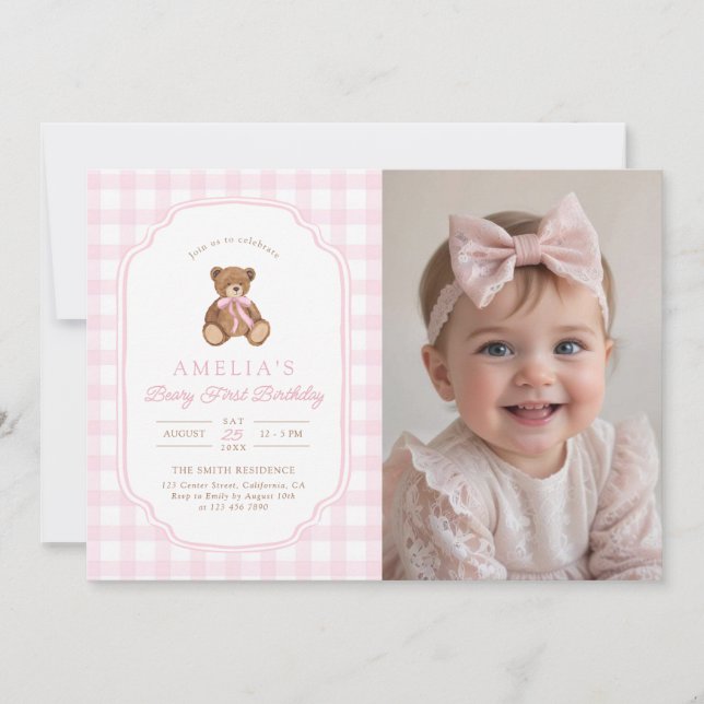 Convite Teddy Bear Girl First Birthday Party Photo (Frente)