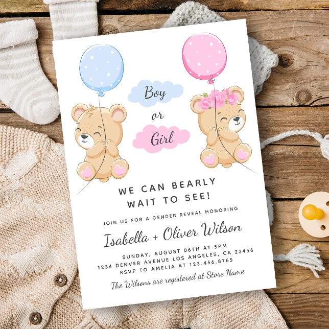 Convite Teddy Bear Girl ou Boy Theme Gênero Revelam Party (Teddy Bear Girl or Boy Theme Gender Reveal Party Invitation)