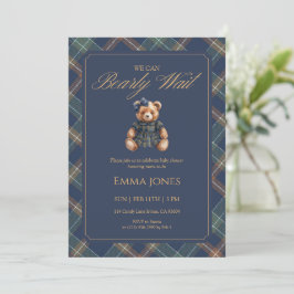 Convite Teddy Bear Girl Tartan Plaid Classic Baby Shower