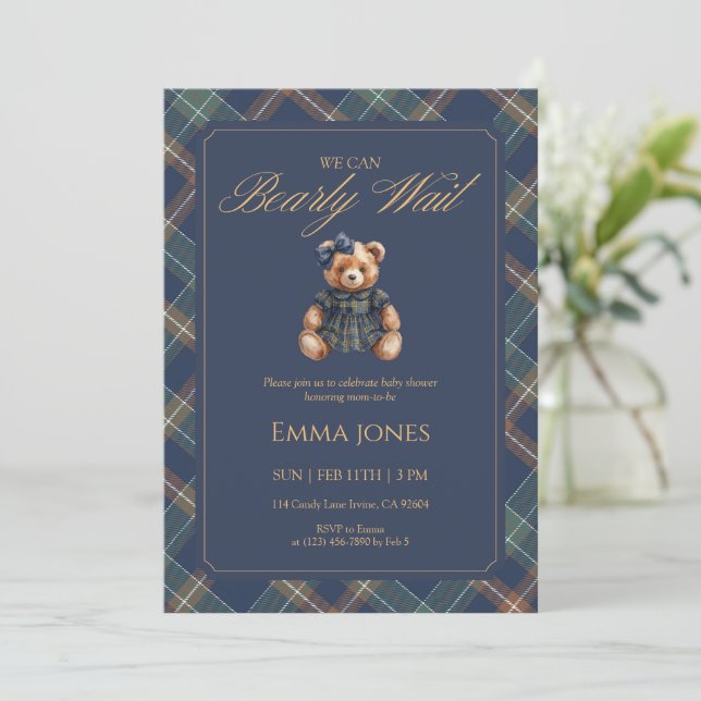 Convite Teddy Bear Girl Tartan Plaid Classic Baby Shower (Em pé/Frente)