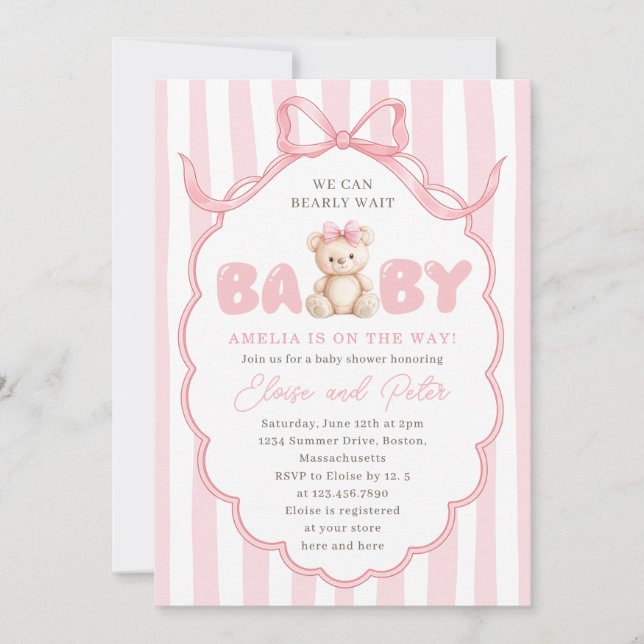 Convite Teddy Bear Girls Pink Bow Baby Shower (Frente)