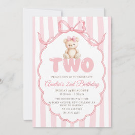 Convite Teddy Bear Girls Pink Bow Stripes 2nd Birthday