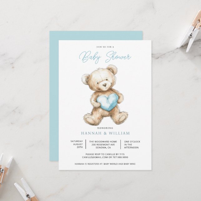 Convite Teddy Bear Heart Boy Blue Baby Shower  (Frente/Verso In Situ)