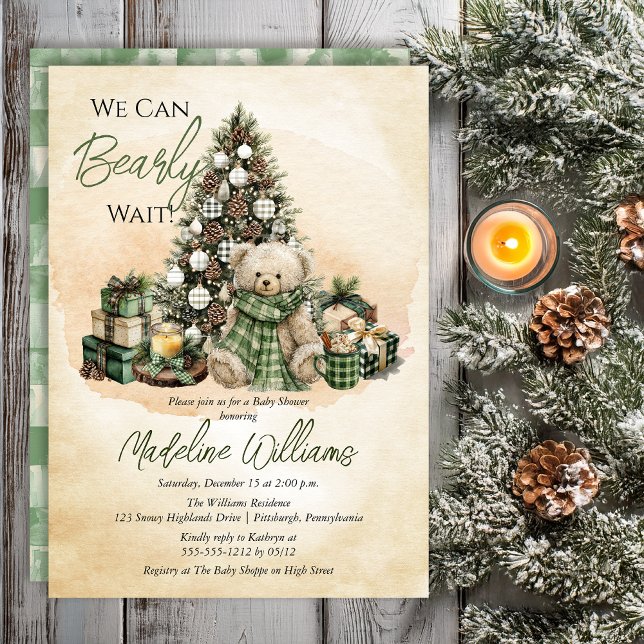 Convite Teddy Bear Holiday We Can Bearly Wait Baby Shower (Teddy Bear "Bearly Wait" Green Neutral Christmas Holiday Baby Shower Invitation -- Print | Digital)