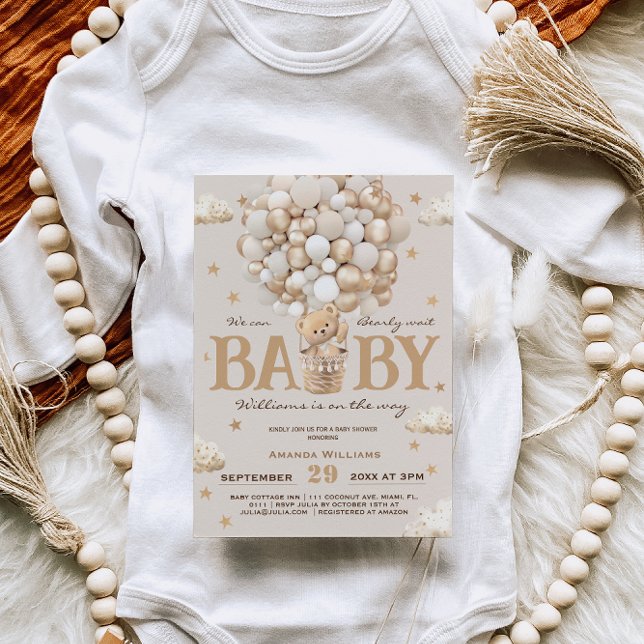 Convite Teddy Bear Hot Air Balloon Chá de fraldas Dourado  (Criador carregado)