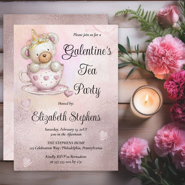 Convite Teddy Bear in a Teacup Galantine's Tea Party (Galentine’s Tea Party Invitation | Cute Teddy Bear Teacup Valentine Party Invite - Print | Digital)