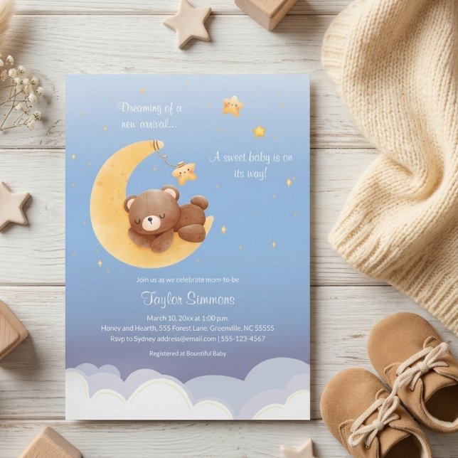 Convite Teddy Bear Moon Dreamy Soft Blue Baby Shower (Criador carregado)