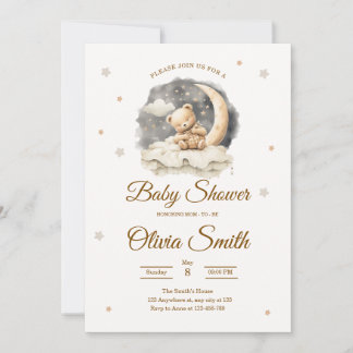 Convite Teddy Bear Moon & Stars Neutral Baby Shower